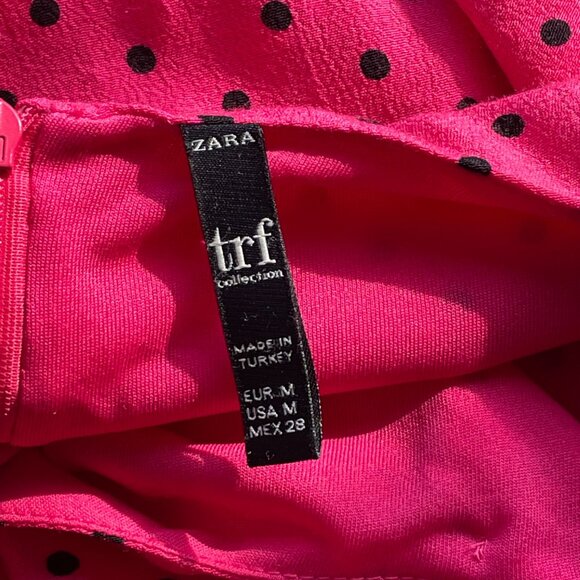 Zara Dress Size Medium Hot Pink Polka Dot Asymmetrical Dress Ruched 3/4 Sleeve - Picture 3 of 6